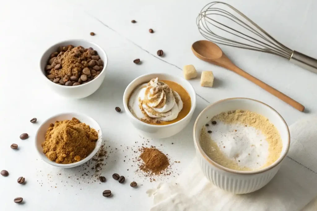 Step by step process showing instant coffee being whipped into cloud coffee foam