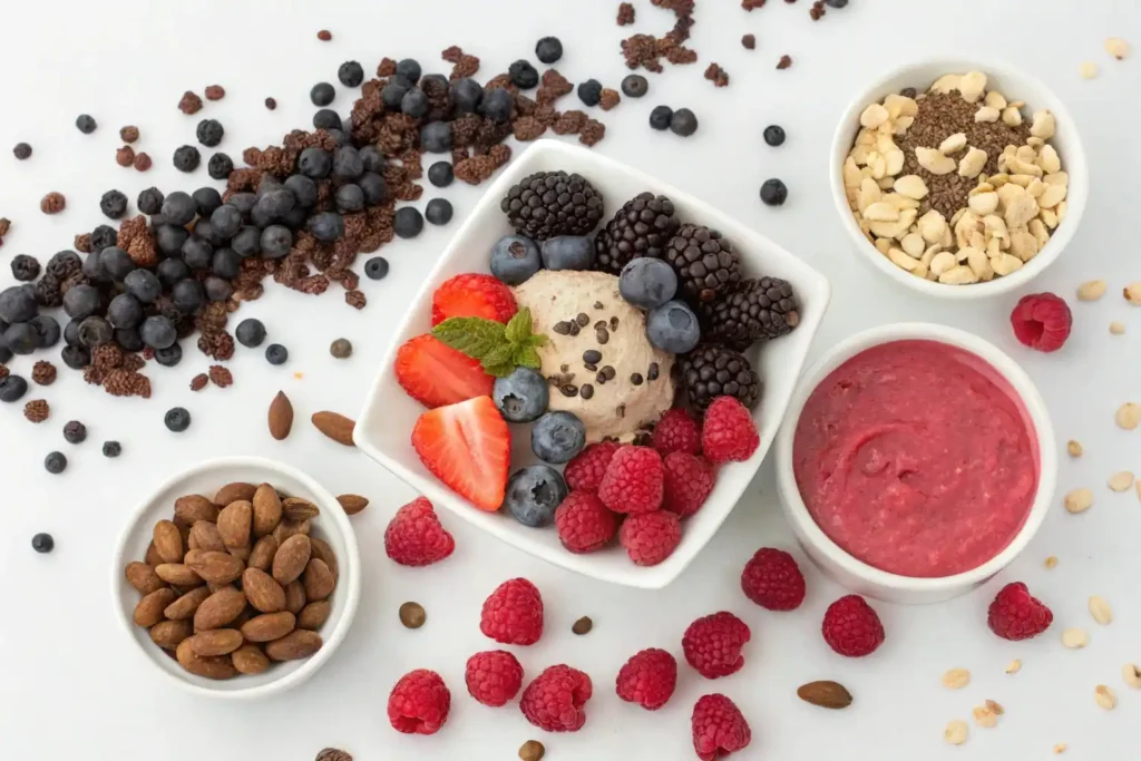 Assortment of ice cream mix-ins for raspberry spuma.