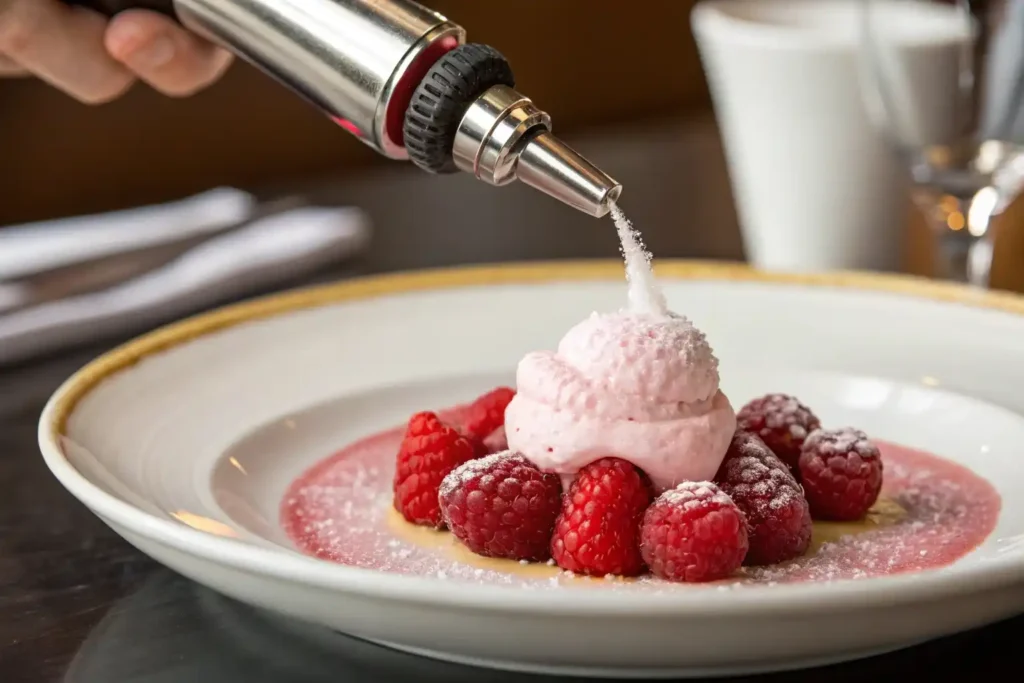 Raspberry espuma being dispensed from an iSi siphon.