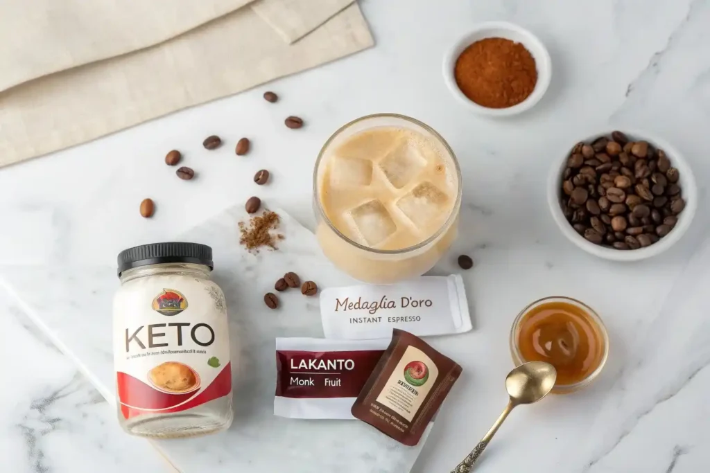 Keto dalgona coffee ingredients including monk fruit sweetener, instant espresso, and cashew milk