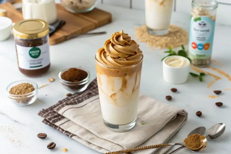Keto dalgona coffee with fluffy sugar-free foam on cashew milk in clear glass