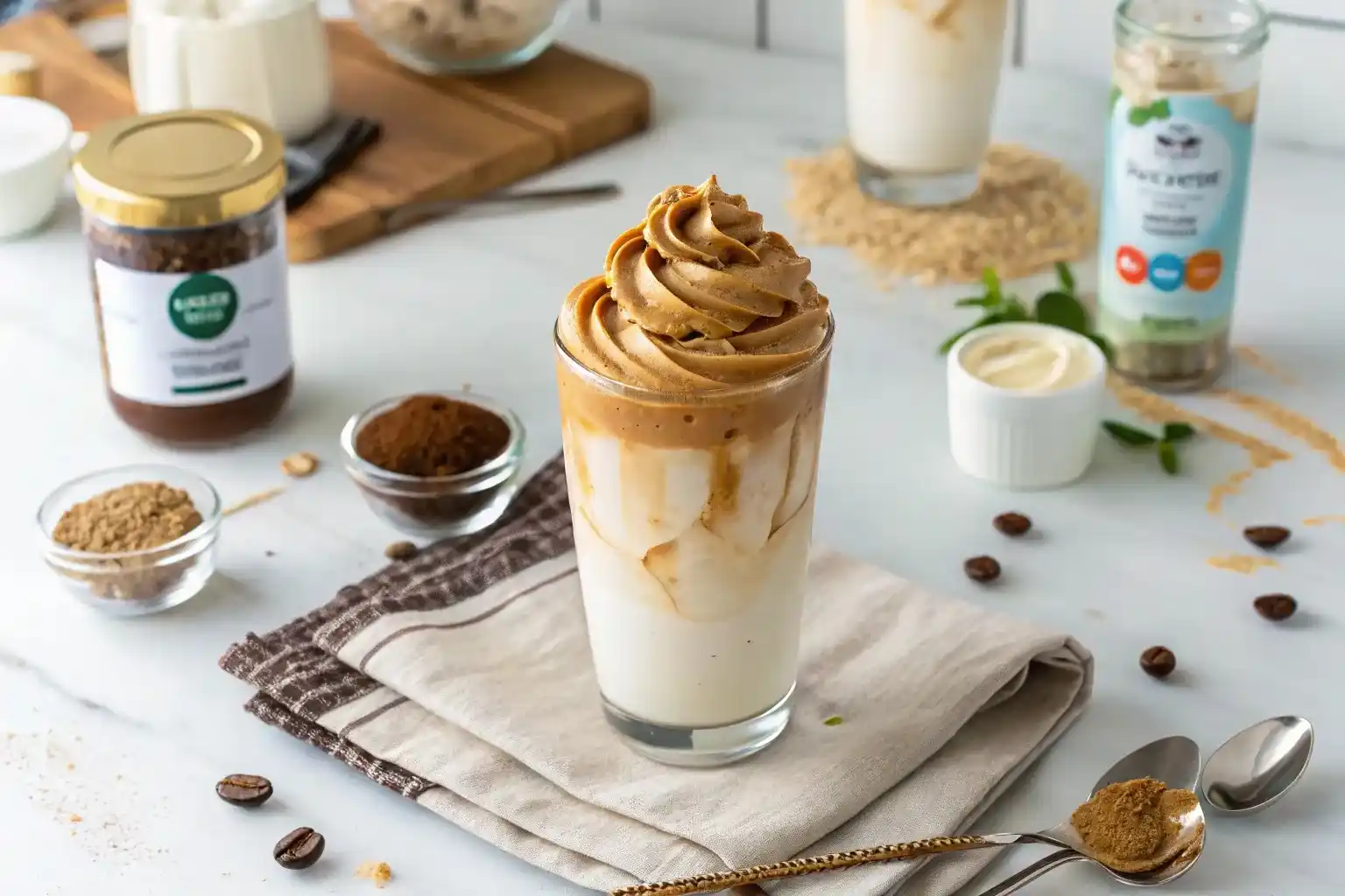 Keto dalgona coffee with fluffy sugar-free foam on cashew milk in clear glass