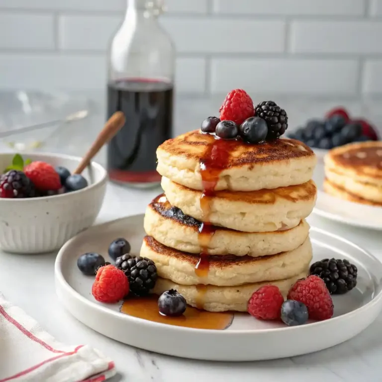 Stack of fluffy Kodiak cottage cheese pancakes topped with fresh berries and maple syrup