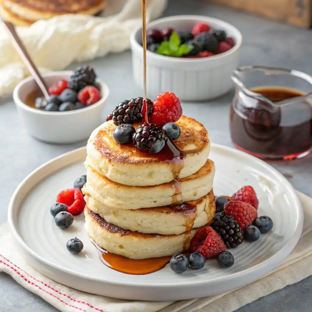 Stack of fluffy Kodiak cottage cheese pancakes topped with fresh berries and maple syrup
