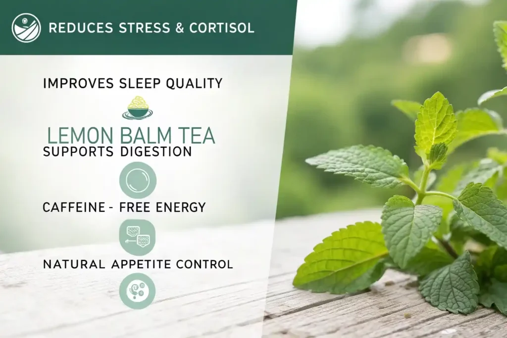 Lemon balm tea weight loss benefits infographic showing stress reduction, sleep improvement and digestion support