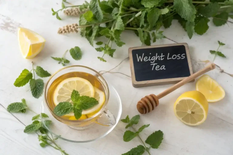Lemon balm tea for weight loss in clear glass cup with fresh lemon balm leaves and natural ingredients