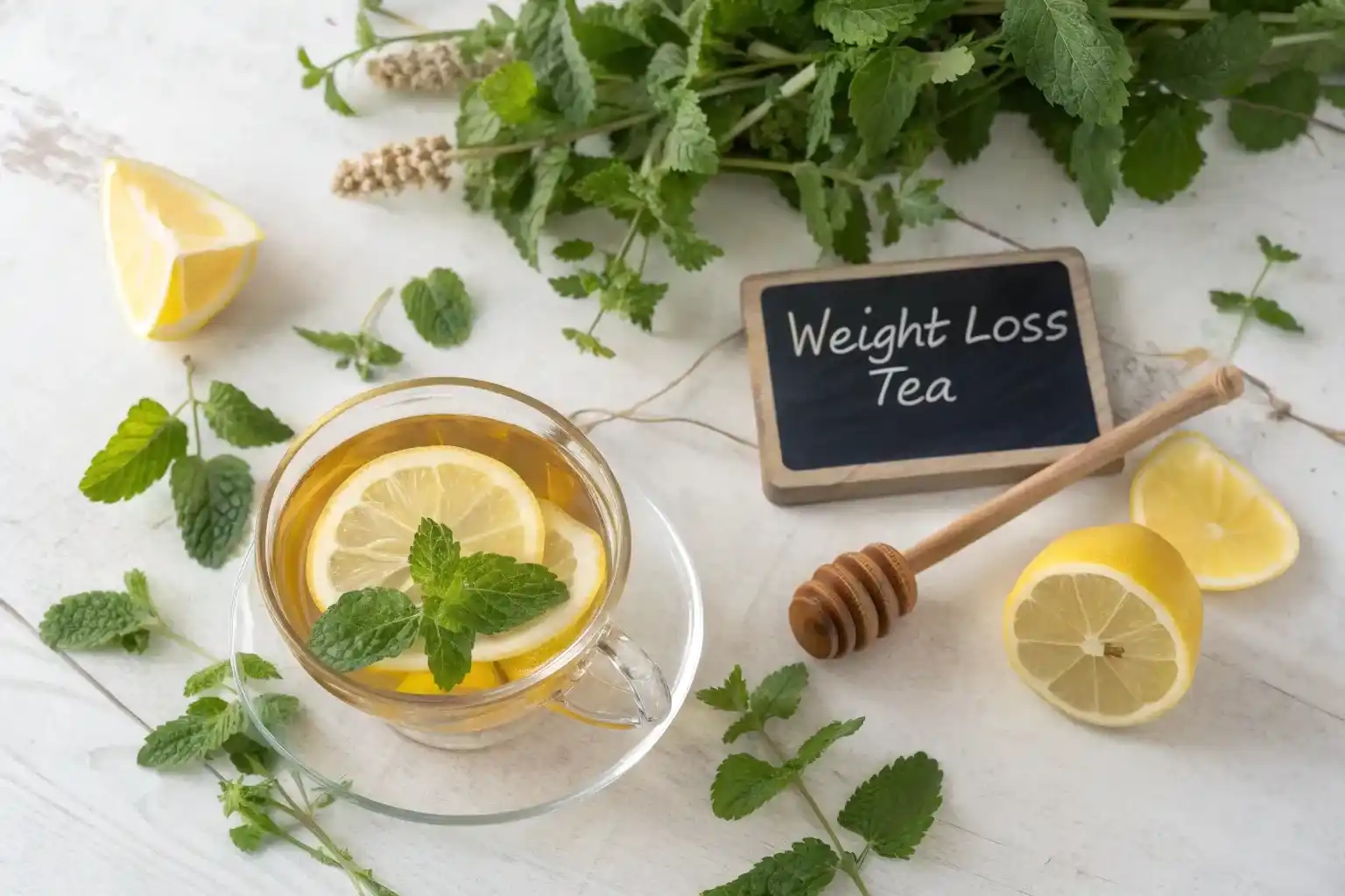 Lemon balm tea for weight loss in clear glass cup with fresh lemon balm leaves and natural ingredients
