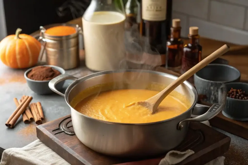 Saucepan with golden pumpkin spice latte mixture being heated on stovetop with steam rising