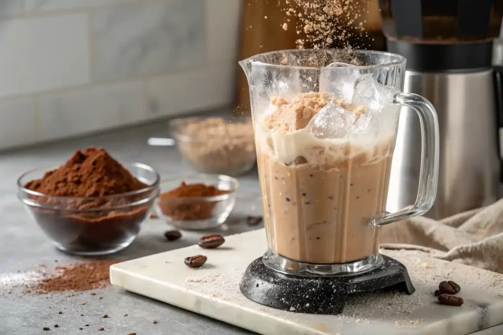 Blender creating fluffy brown whipped mocha cloud foam with visible airy texture