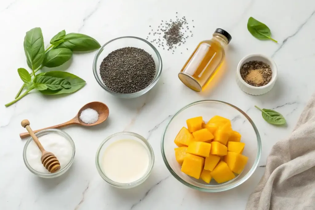 Ingredients for mango basil seed pudding including basil seeds, coconut milk, fresh mango, and honey