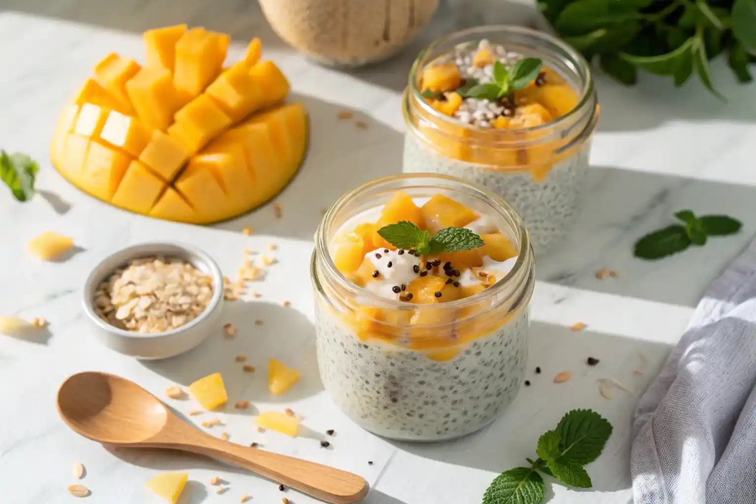 Creamy mango basil seed pudding in glass jars topped with fresh mango cubes and coconut flakes