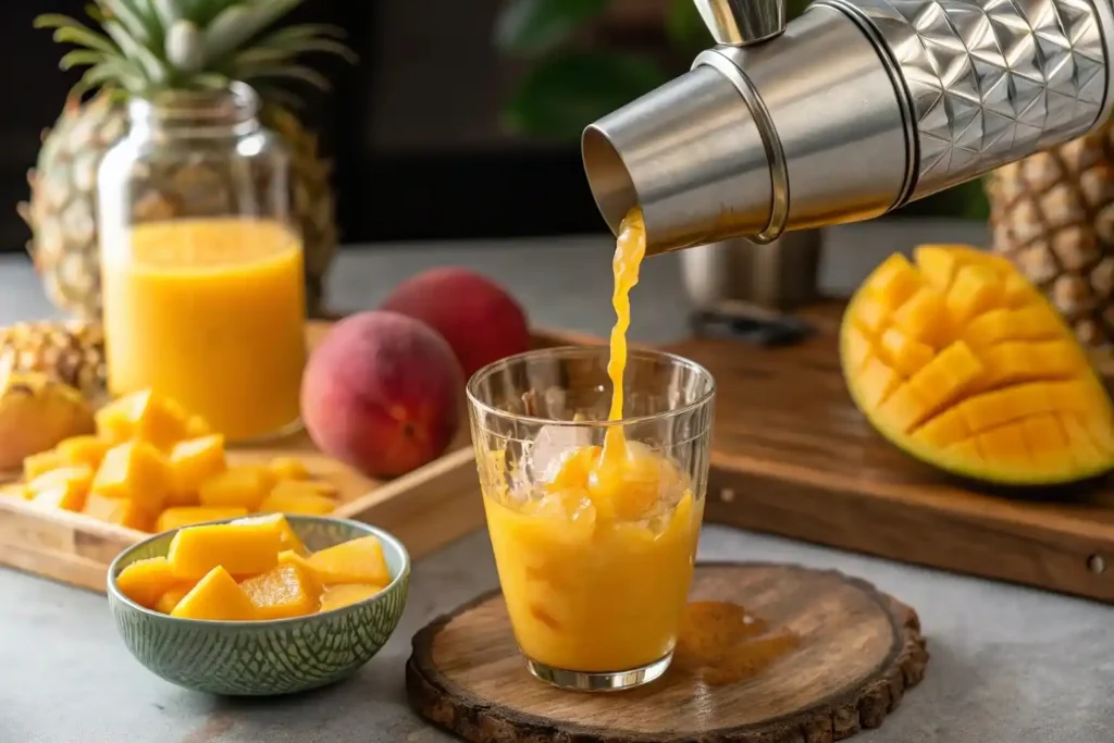 Mango Peach Refresca ingredients being combined in cocktail shaker with golden-orange mango puree and freeze-dried peach pieces