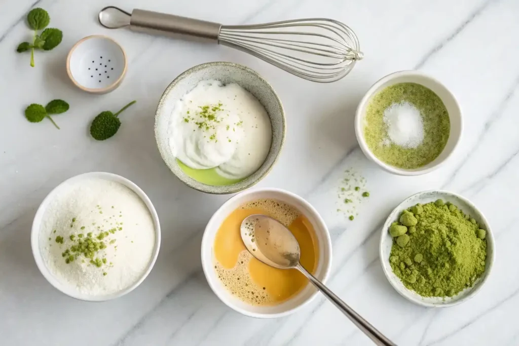 Step by step process showing whisked egg whites, simple syrup, matcha powder, and final green foam mixture