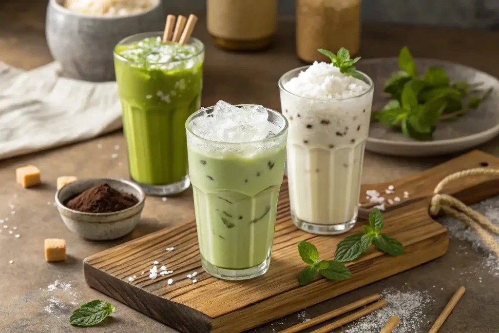 Three matcha cloud latte variations including classic, iced, and coconut versions on wooden serving board