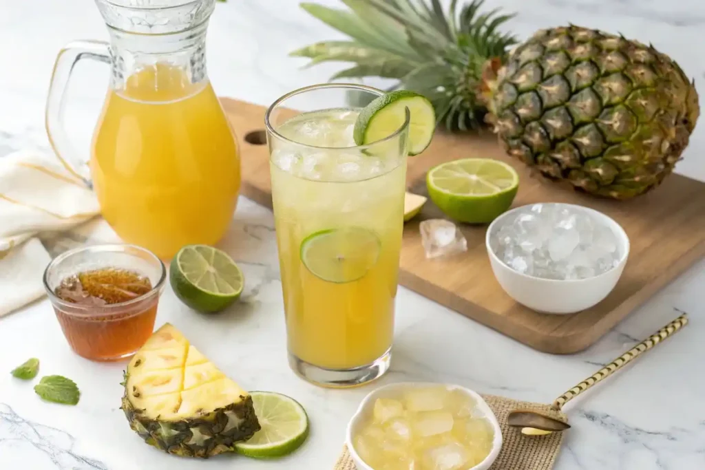 Step-by-step Pineapple Lime Rockstar Energy Refresca recipe showing fresh pineapple juice, lime juice, brewed tea, and finished golden drink