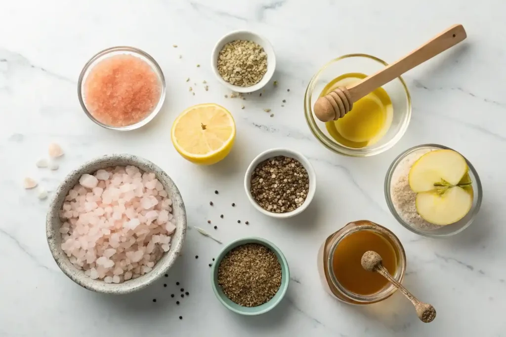 Pink salt and bariatric seed drink ingredients including pink Himalayan salt, chia seeds, flax, hemp, lemon and honey