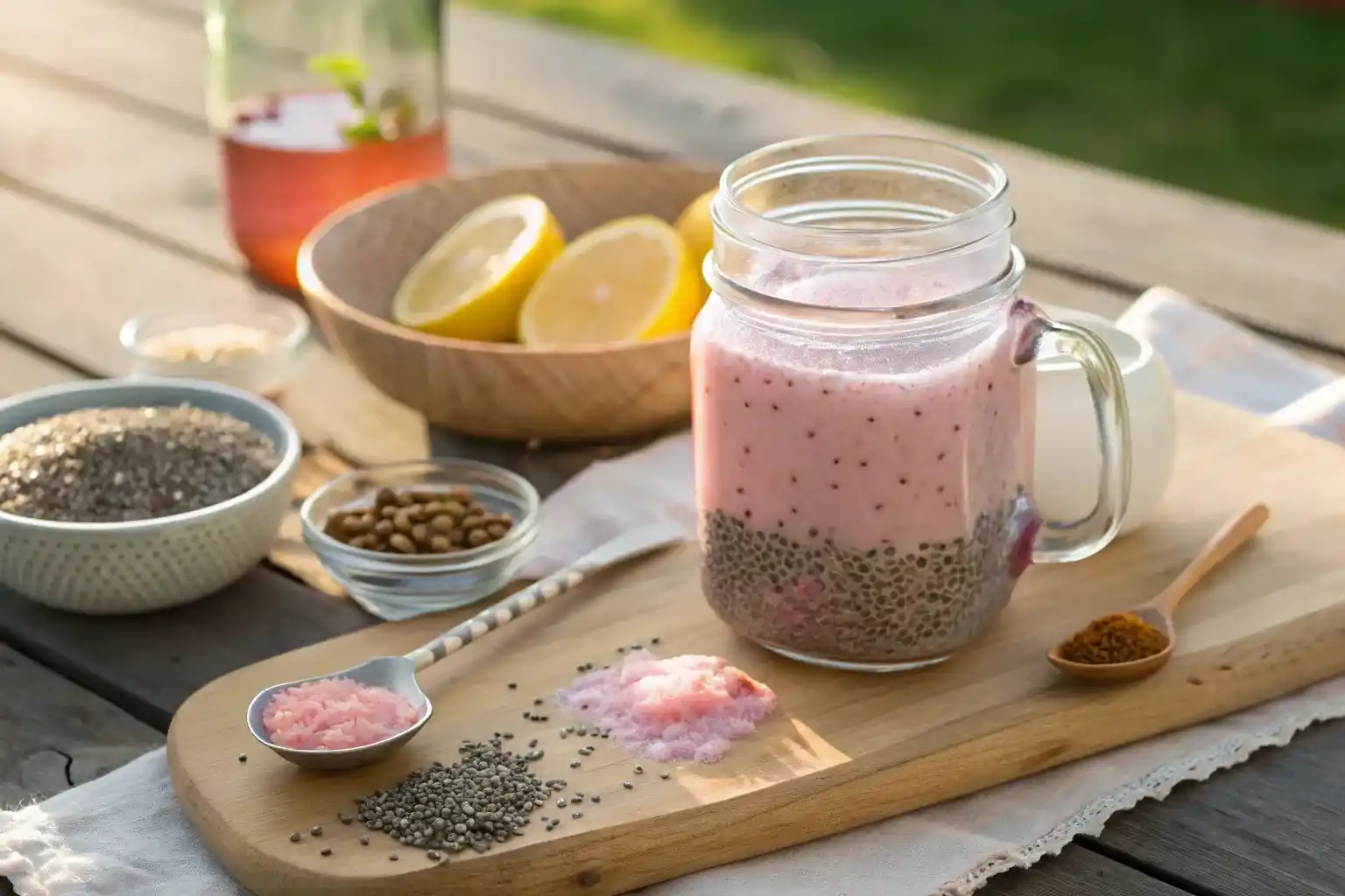 Pink salt and bariatric seed ritual drink in mason jar with chia seeds, pink salt, lemon and hemp seeds for weight loss