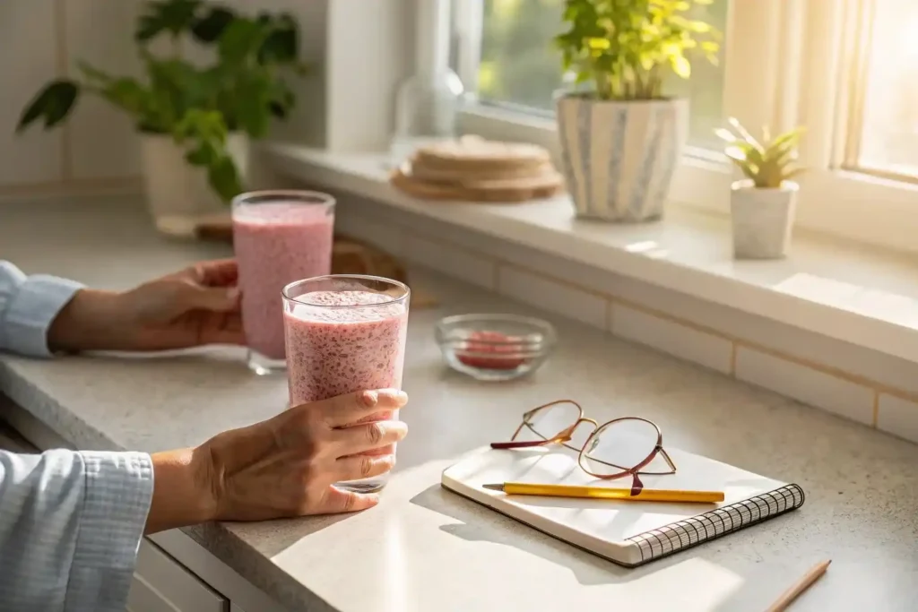 Morning wellness ritual with pink salt and bariatric seed drink in peaceful kitchen setting