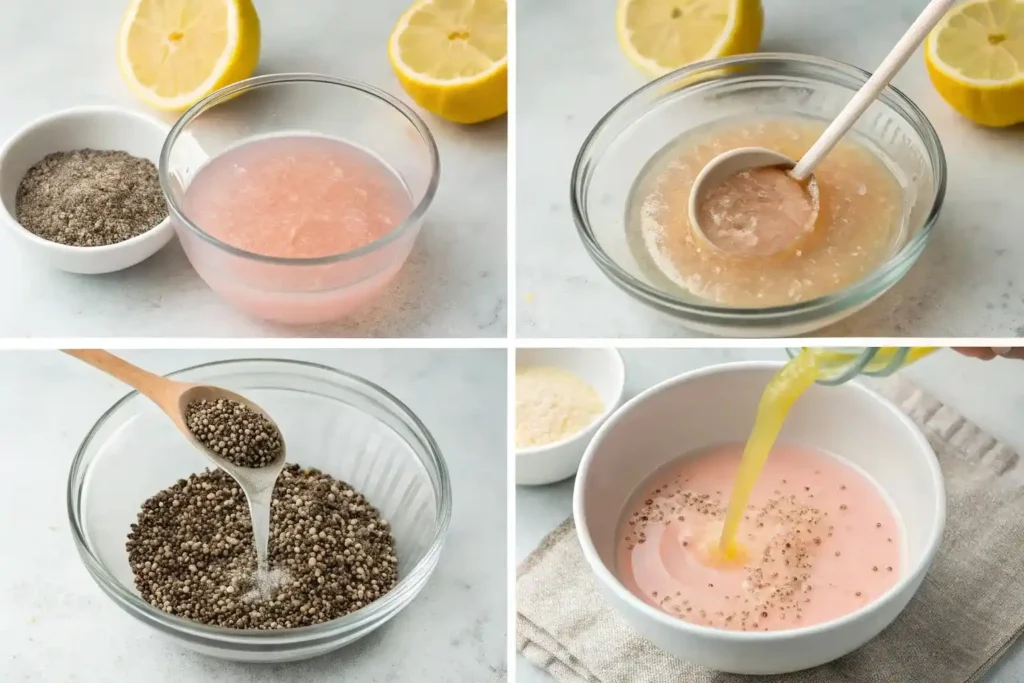 Step-by-step preparation of pink salt and bariatric seed drink showing mixing and gel formation process