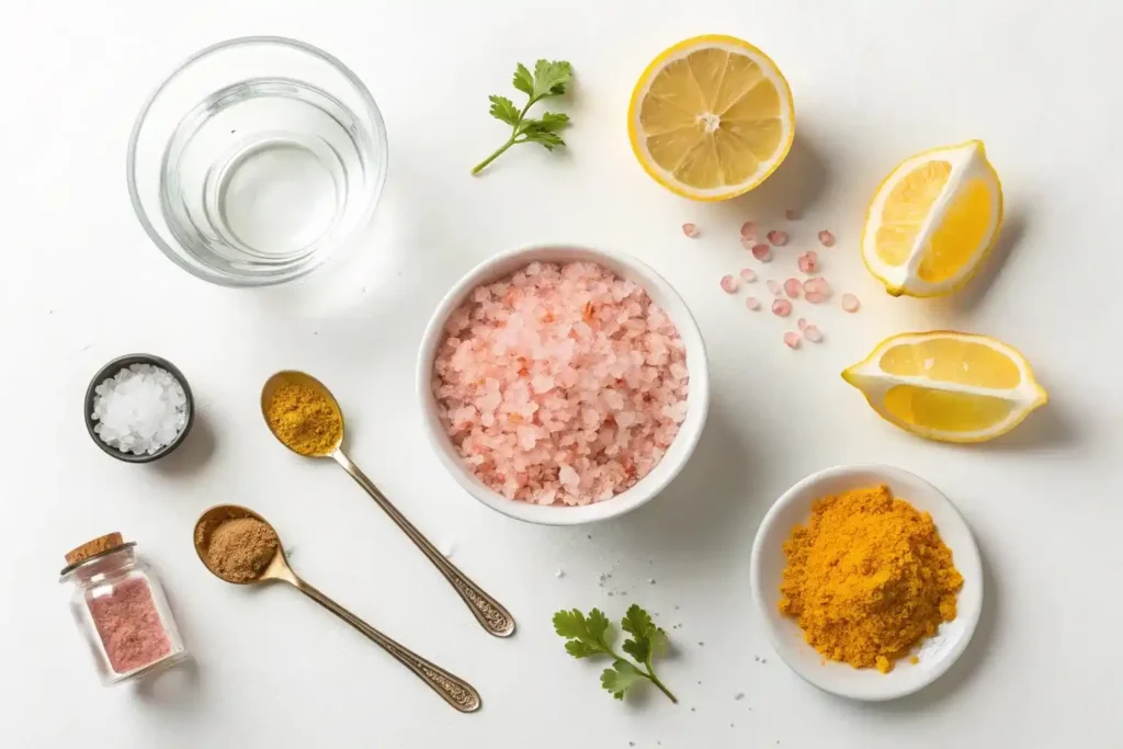 Pink salt weight loss recipe ingredients including Himalayan salt, water, lemon, and turmeric arranged in flat lay style