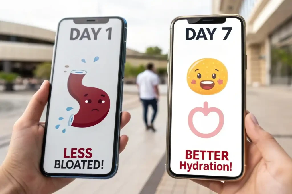 Realistic before and after results from pink salt weight loss trend showing reduced bloating and better hydration