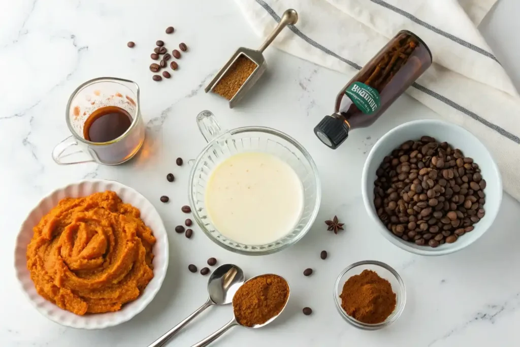 Pumpkin spice latte ingredients laid out including milk, pumpkin puree, spices, vanilla, sugar and espresso