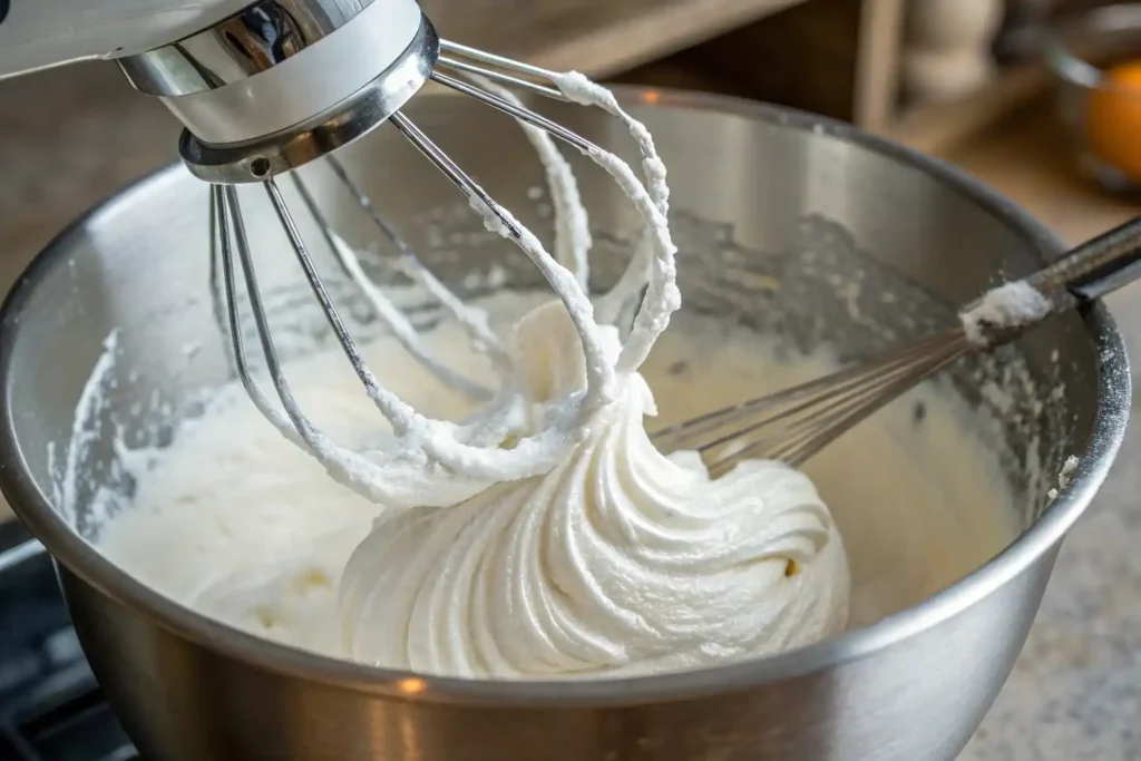 Aquafaba whipping to stiff peaks in a stand mixer.