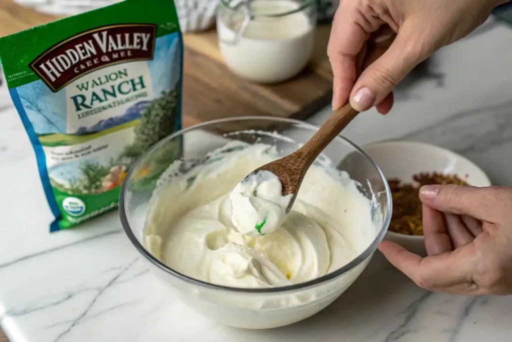 Mixing Hidden Valley Ranch packet into sour cream and cream cheese for homemade spinach dip