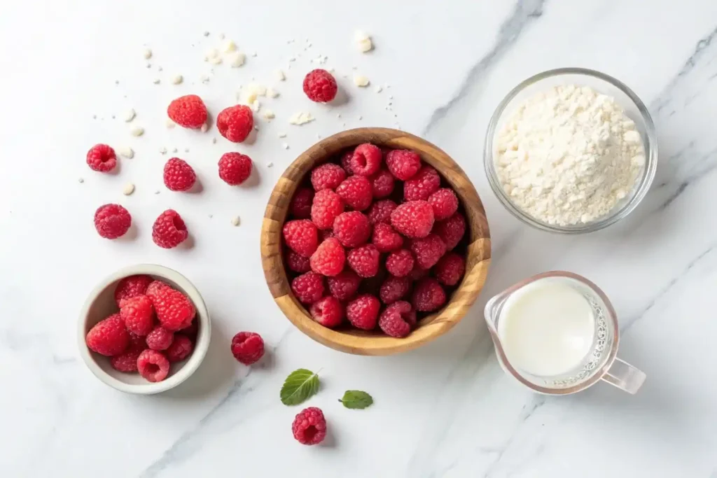 Three raspberry spuma ingredients: fresh raspberries, egg whites, and sugar on white background