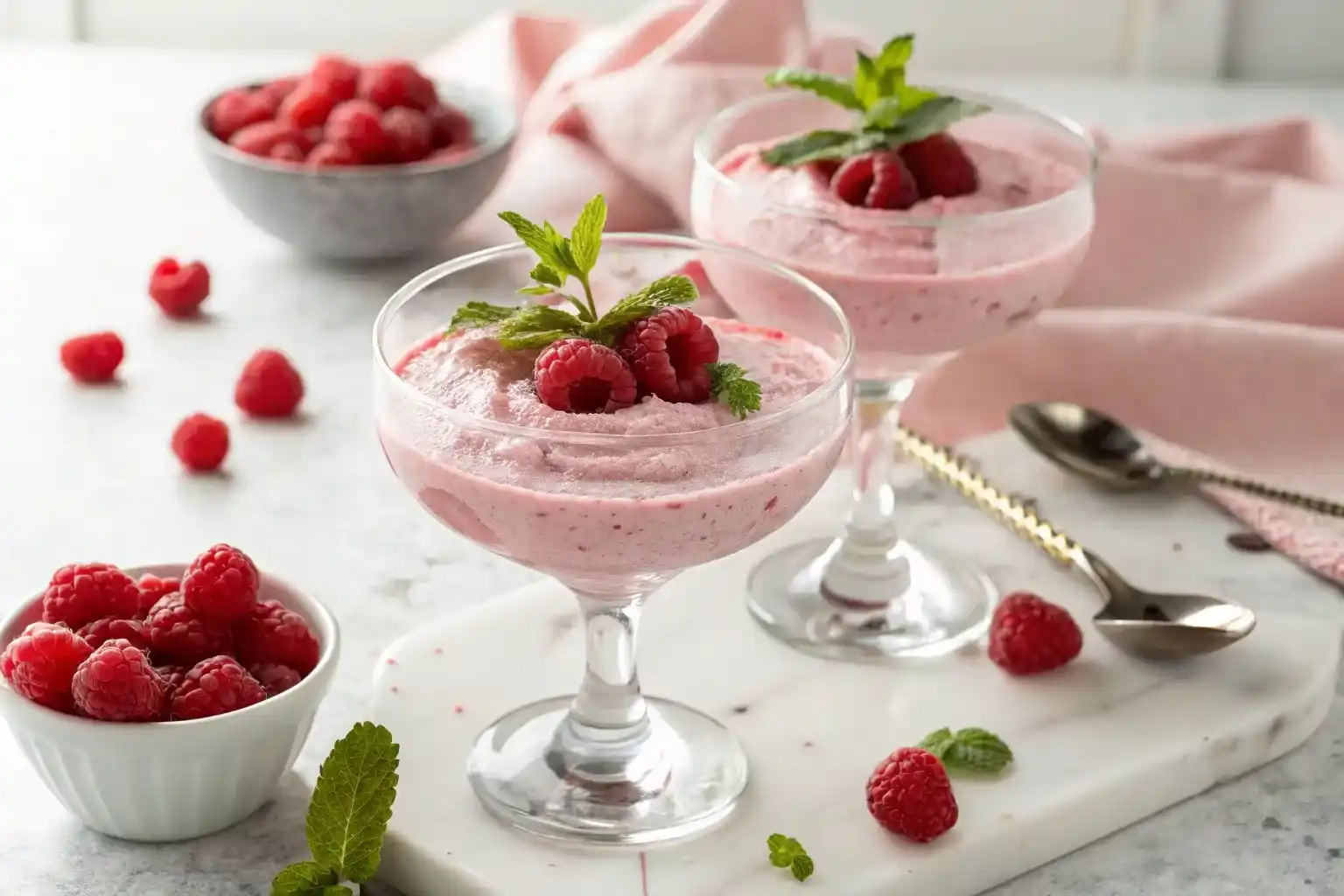 t: Top of article (hero image) Filename: raspberry-spuma-recipe-featured.jpg Alt Text: Light pink raspberry spuma dessert in glass cups garnished with fresh raspberries and mint