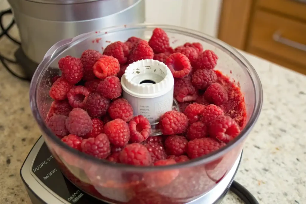 Fresh raspberries being pureed in a food processor.