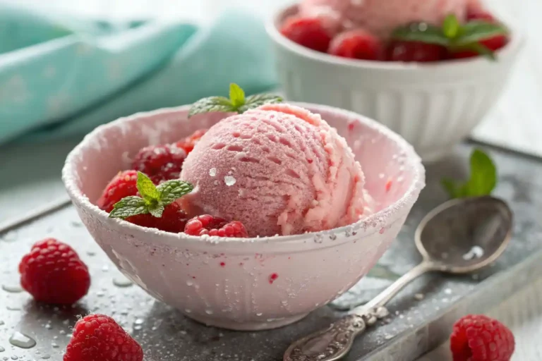 Scoop of raspberry spuma ice cream in a bowl.