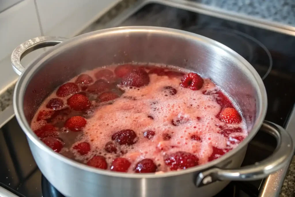 Raspberries and sugar simmering in a saucepan to make syrup.