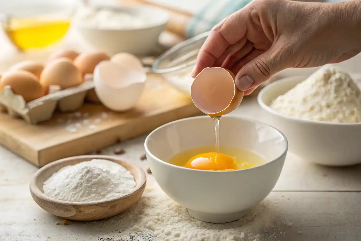 Hand cracking a fresh egg for a no-bake dessert