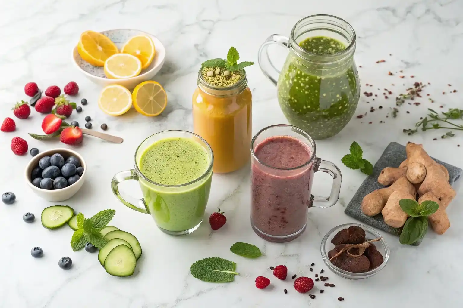 Seven safe and effective weight loss drinks arranged beautifully showing healthy alternatives to fad diets