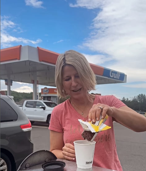 Samantha Brown enjoying gas station affogato at Gulf station - viral TikTok recipe
