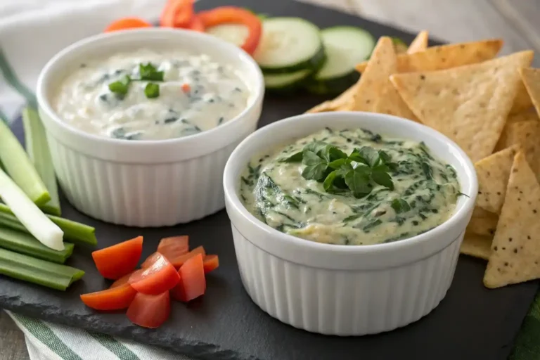 Finished spinach dip comparison showing ranch packet vs bottled dressing texture differences