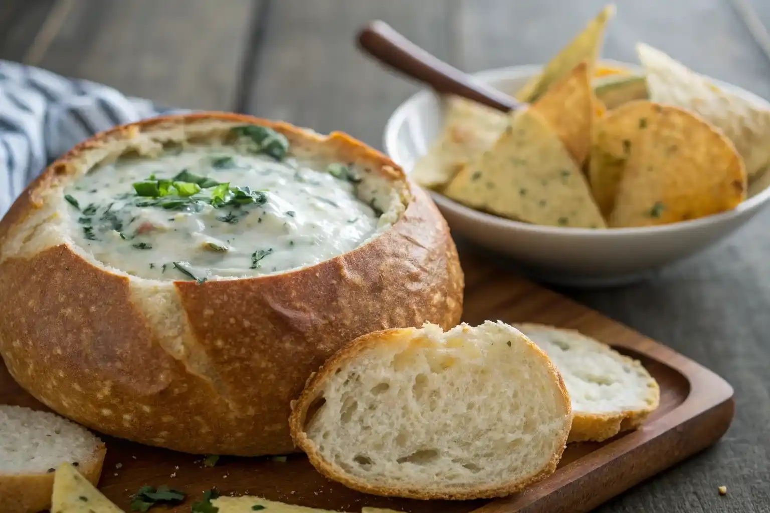 Creamy spinach ranch dip in bread bowl