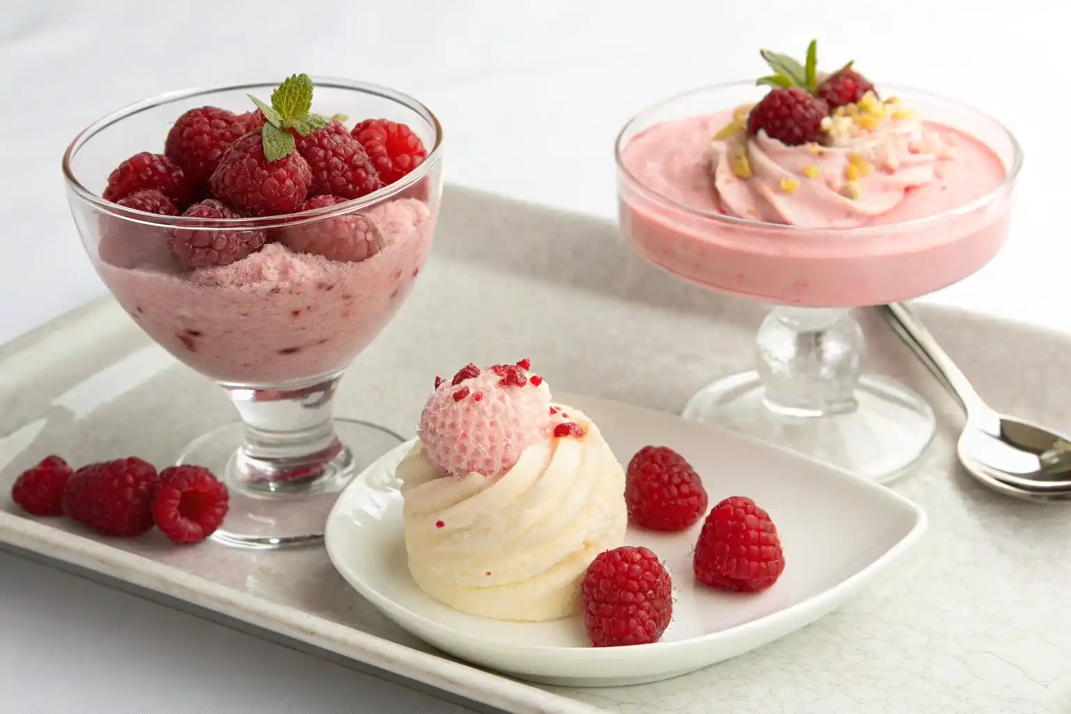 Comparison of raspberry spuma, mousse, and espuma textures.
