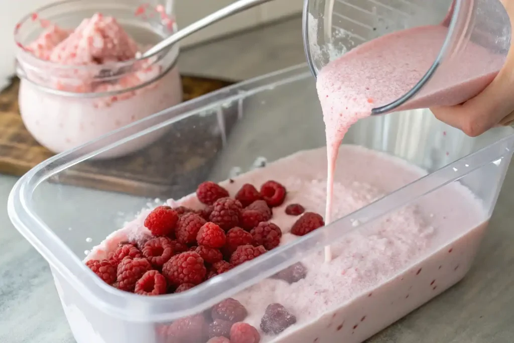 Raspberry spuma being poured into a freezer container.