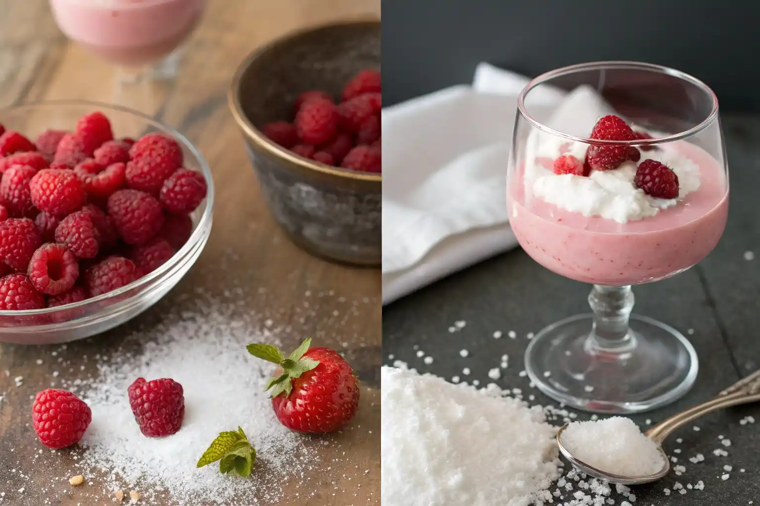 Before and after transformation of raspberry spuma ingredients to finished dessert.