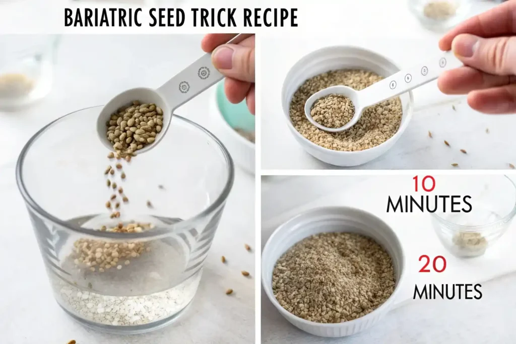 Step-by-step visual guide showing how seeds expand during the bariatric seed trick recipe process
