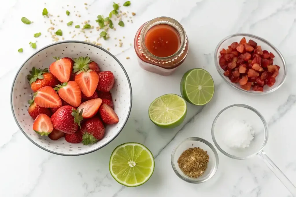 All ingredients for homemade Strawberry Lime Refresca Freeze including fresh strawberries, lime, simple syrup, freeze-dried strawberries, and ice cubes on marble countertop"
