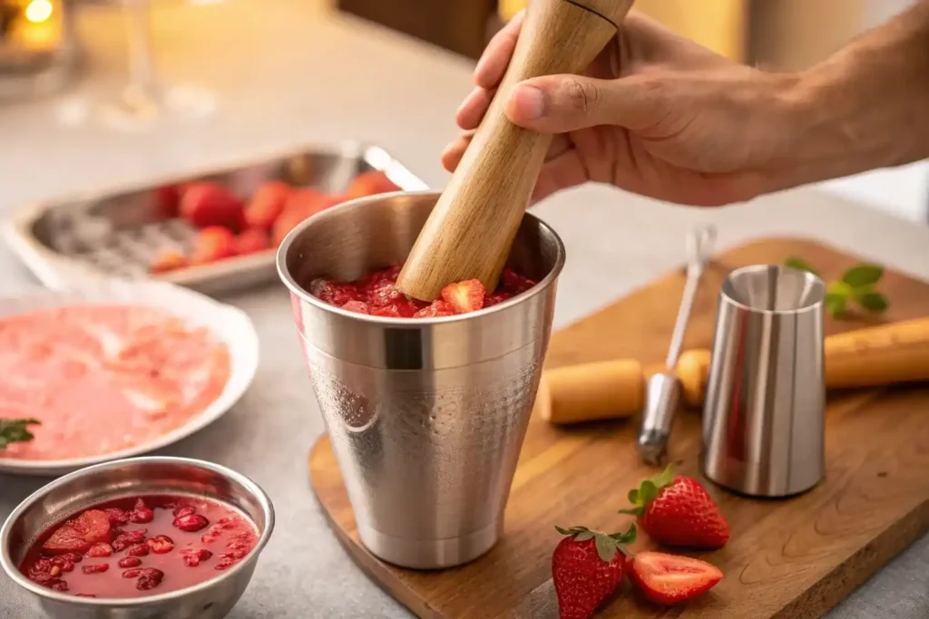 Step-by-step process of making Strawberry Passionfruit Refresca showing muddling freeze-dried strawberries in cocktail shaker