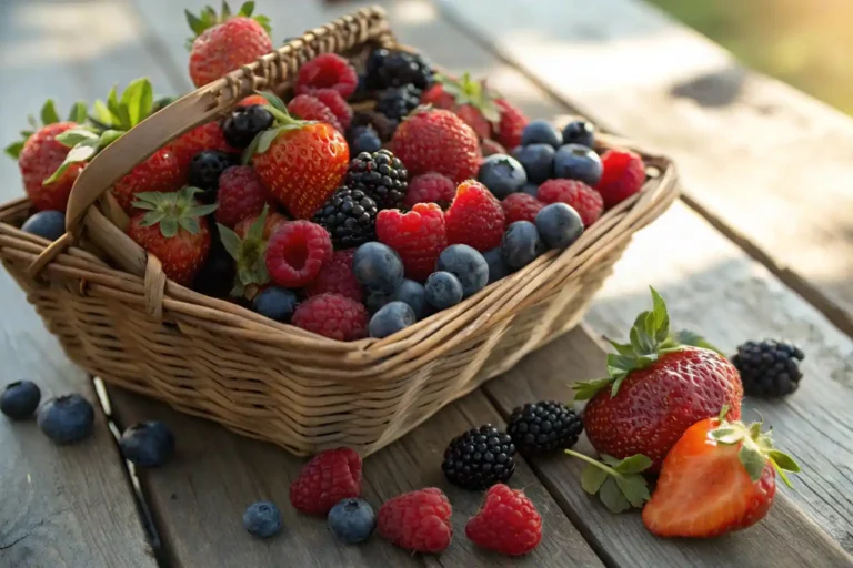 Basket overflowing with fresh mixed summer berries.