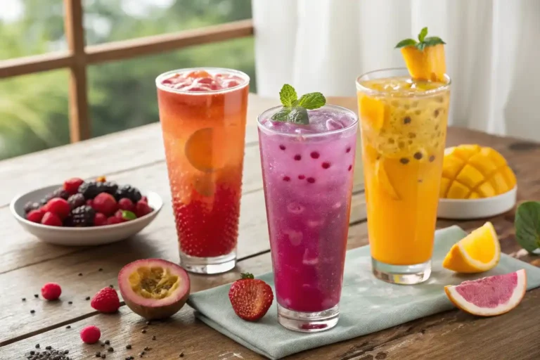 Three colorful Taco Bell Agua Refrescas drinks - Strawberry Passionfruit, Dragonfruit Berry, and Mango Peach - arranged on a wooden table with freeze-dried fruit pieces