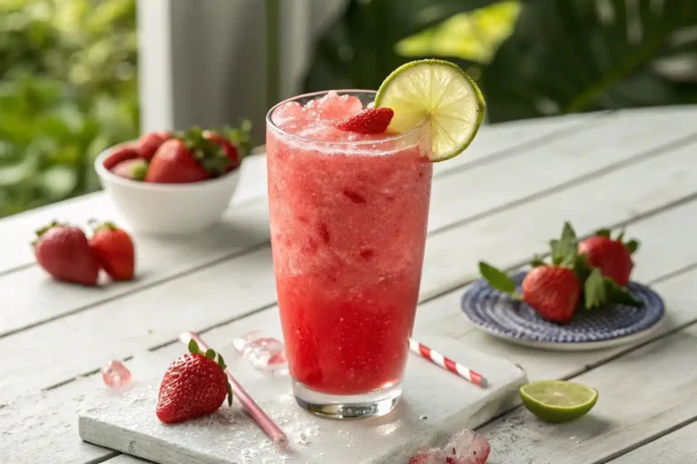 Homemade Taco Bell Refresca Freeze in tall glass with bright pink-red color, fresh strawberry garnish, lime wheel, and condensation droplets on summer patio