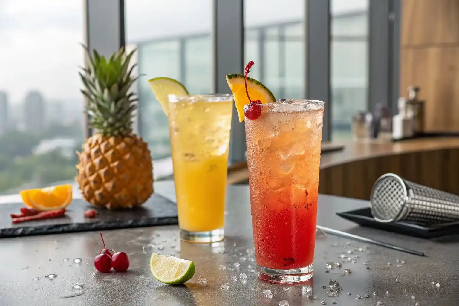 Two tall glasses of homemade Taco Bell Rockstar Energy Refresca - bright orange Pineapple Lime and red Tropical Punch with ice and fruit garnishes