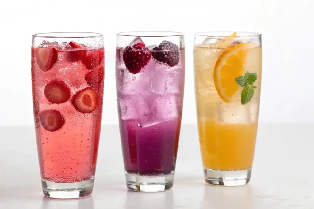 Side-by-side comparison of homemade Strawberry Passionfruit, Dragonfruit Berry, and Mango Peach Agua Refrescas showing color differences