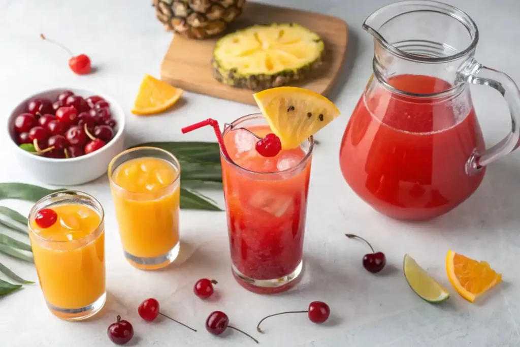 Tropical Punch Rockstar Energy Refresca recipe ingredients including orange juice, pineapple juice, cherry juice, and finished red-orange drink